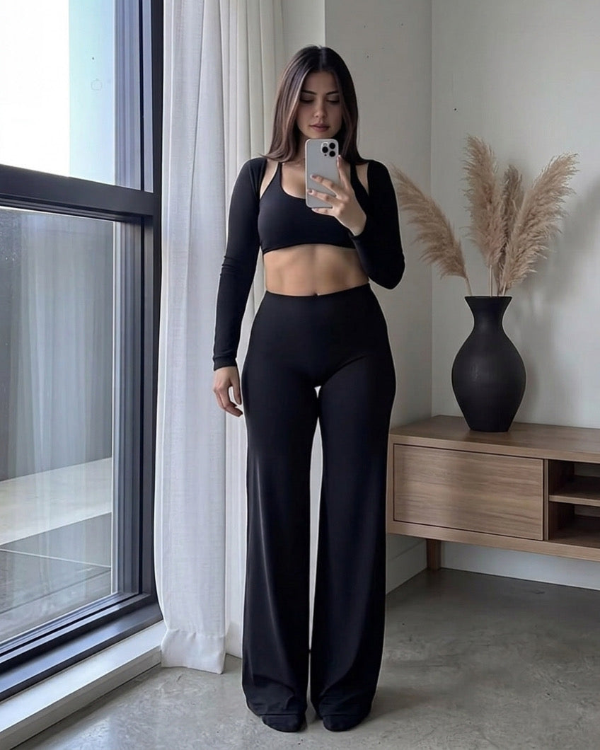 Set Black Showy Top, Wide Legg & Off Arms