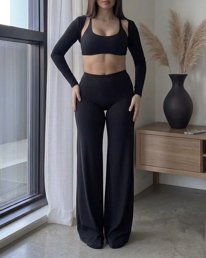 Set Black Showy Top, Wide Legg & Off Arms